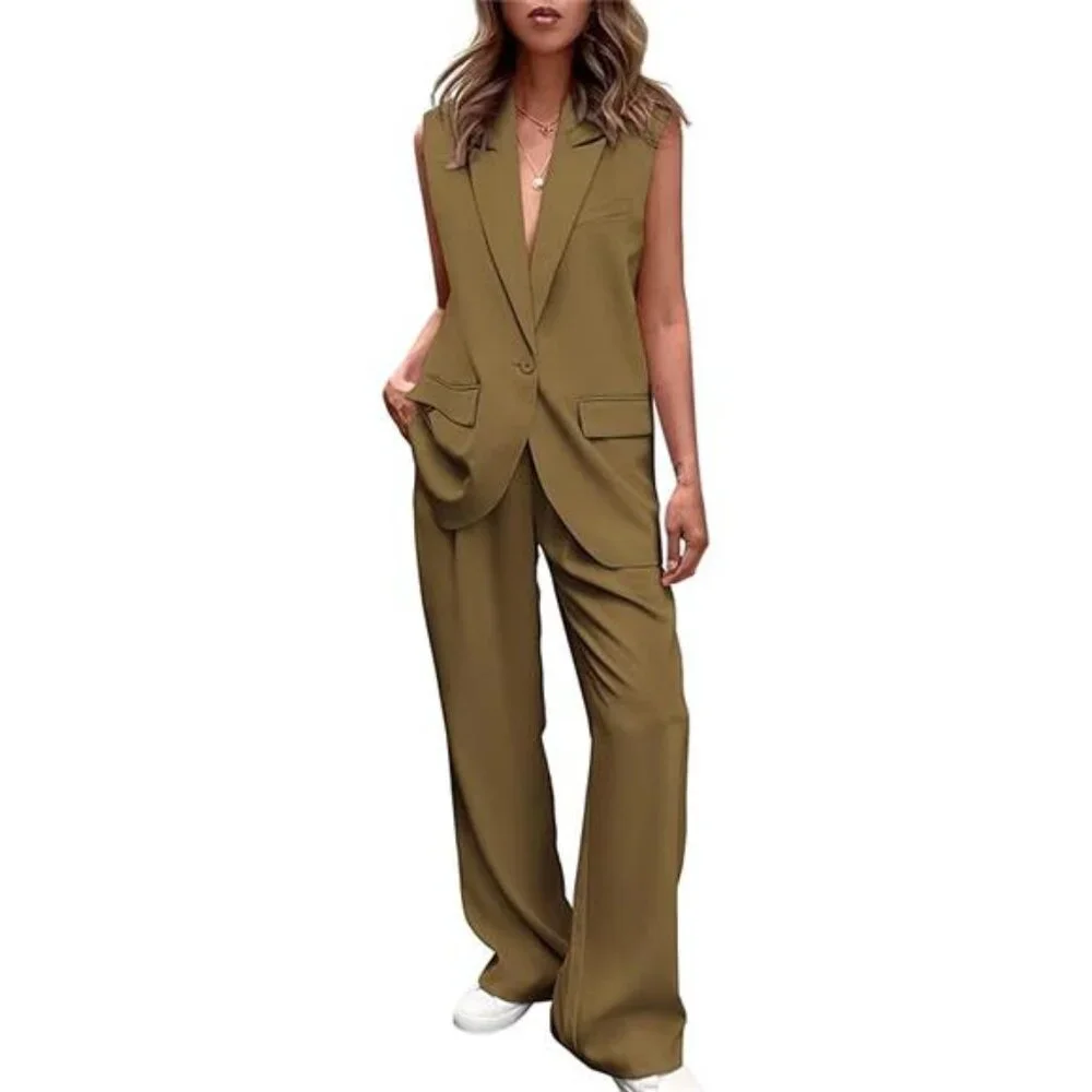 Sleeveless Blazer Set Wide Leg Pants Business Casual V Neck Vest Women - Picture 6 of 6